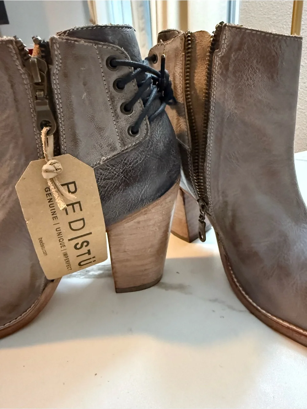 BED|STU Taupe Open-Toe Leather Ankle Booties with Wooden Block Heel